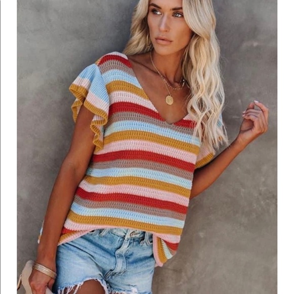 Multi Colored Knit Top with Ruffled Sleeves/Medium/ Lightweight /Great Condition - Picture 1 of 9